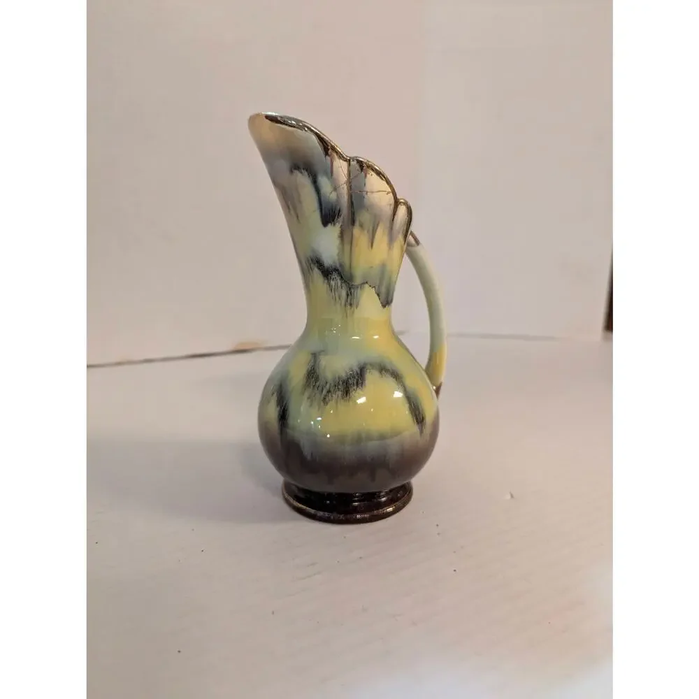 Vintage Art Deco Majolica Pitcher Ewer Vase Yellow Brown Drip Glaze 7" - Picture 4 of 12